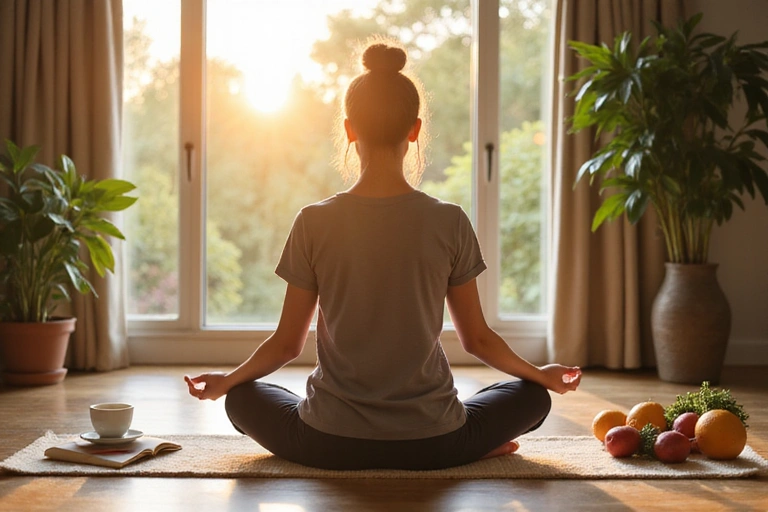 Persona che medita in un ambiente sereno, circondata da elementi che simboleggiano il benessere olistico.